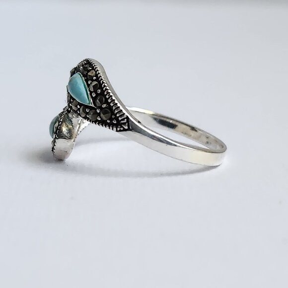 1990's Signed 925 Silver Classic Turquoise & Marcasite Ring Size 7 - Picture 8 of 12
